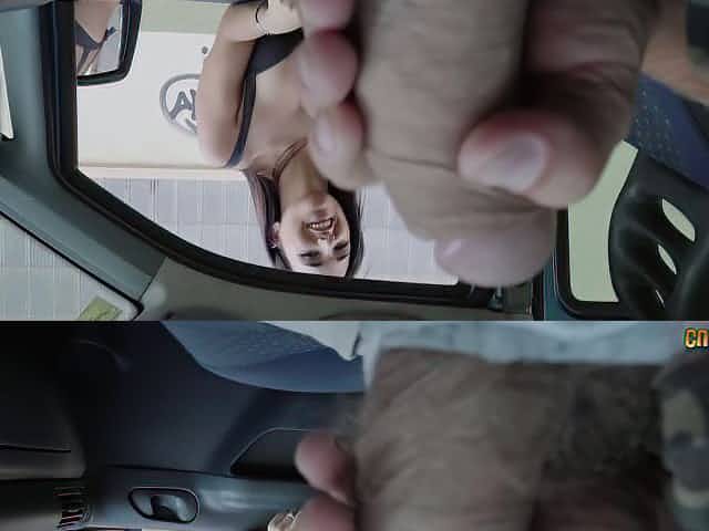 Fantastic curvy Claudia Bavel gives a good head in the car
