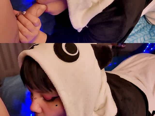 Panda girl with short hair made perfect blowjob for her bf's birthday