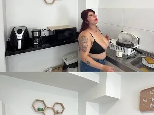 My roommate is obsessed with my large tits, I get him off on 'em - Jenn Tits