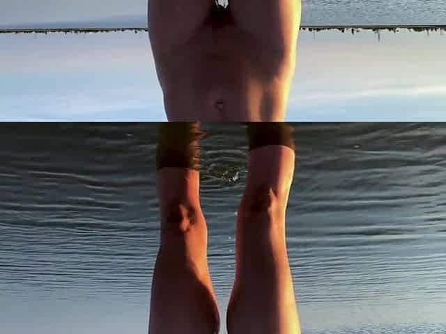 Tanned beauty pees standing up on undressed beach! Rate my slow motion void urine in public