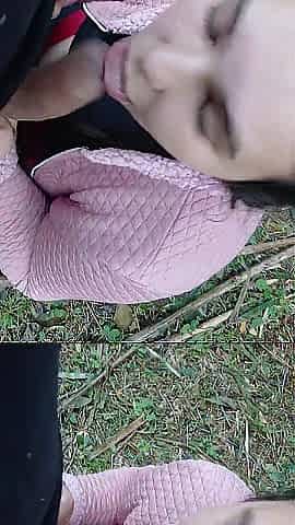 Amateur sex: Married woman swallowing milk in the forest.