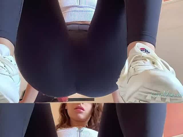Youga panties home workout in white sneakers - amateur female orgazm