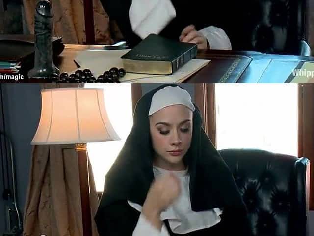 Breasty nun anal screws tied black