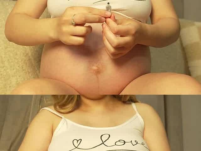 Giantess Blonde Pregnant Stepsister Shows Her Big Belly and Stretch Marks to Tiny Stepbrother Then Farts on Him