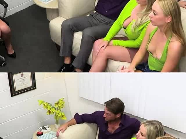 DILF getting sucked by three hot blonds on therapy