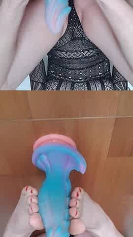 Foot Job on Dildo with Red Toenails