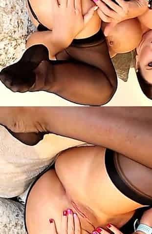 Black fully fashioned nylons, anal, foot fetish, squirt