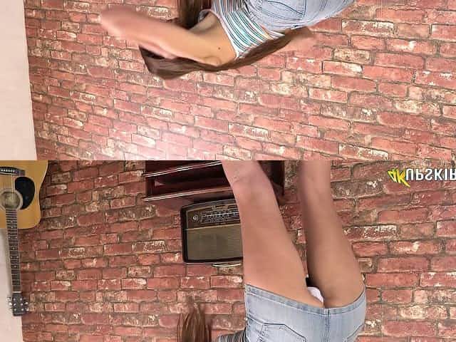 Leggy girl in short jeans skirt Britney shows pussy upskirt