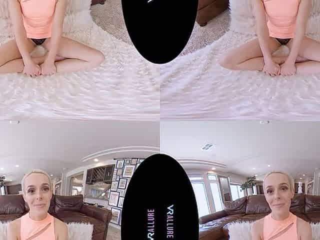 Skinny blonde with a shaved head masturbates in virtual reality