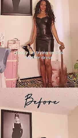 Hot Woman Tries on Leather Suit with Nylons.