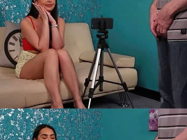 Small tit brunette amateur tugs on a big willie