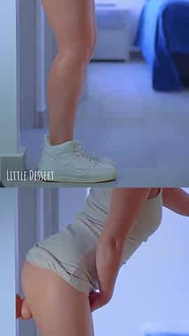Latin chick Chick Wearing Sneakers and Taut Suit Bangs Herself with a Large Sex toy