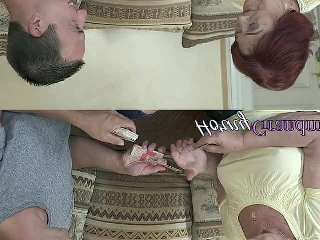 Chunky old redhead gets face spermed