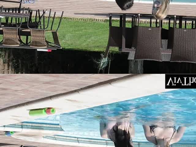 Pool side lovers have a fun every others moist bodies