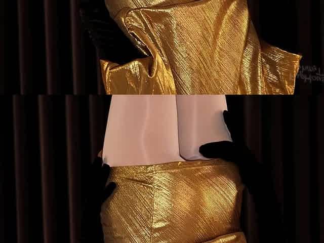 917 Gold Minidress and Shiny Gray Pantyhose