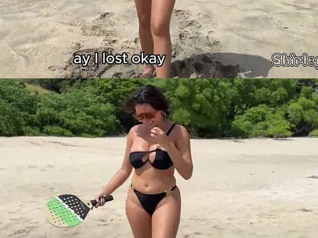 BREASTY mother I'd like to fuck loses a wager and has to PAY up right on the BEACH.