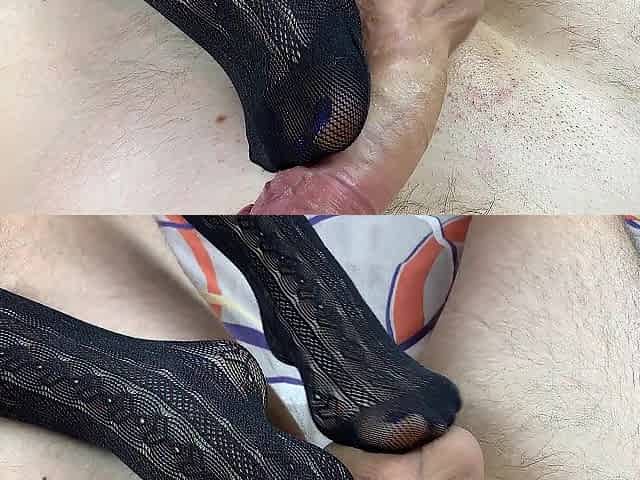 Girlfriend fondles schlong with her feet in ebony socks and does the superlatively good tugjob in oil