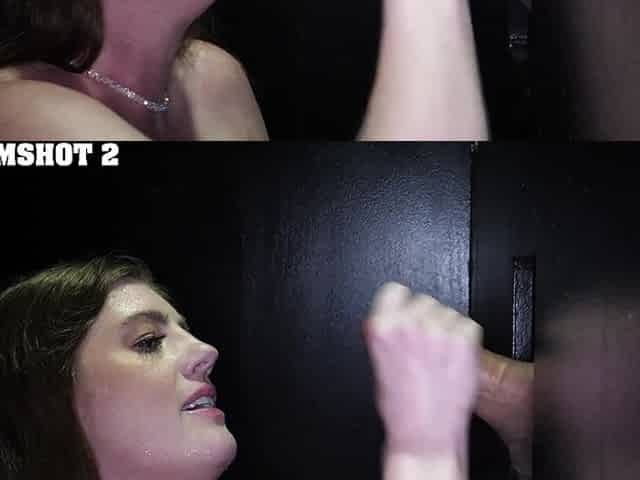 Close up of a hot brunette swallowing cum through a gloryhole