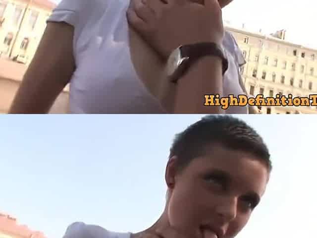 Short haired, Russian brunette is getting a fat dick inside her ass, while rubbing her clit