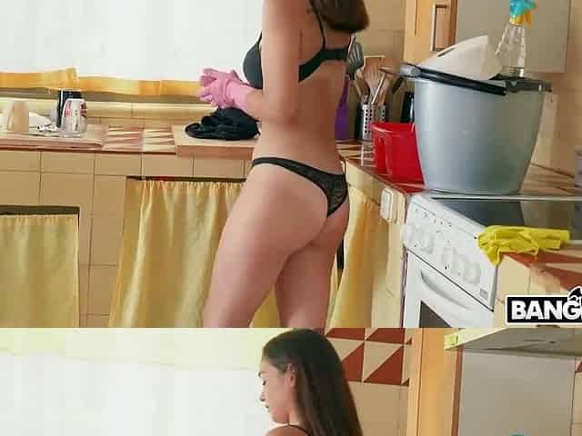 Lovely teen was washing dishes when her landlord showed up and offered her money for sex