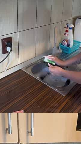 Hair Wash with Dishwasher Liquid in Kitchen Sink