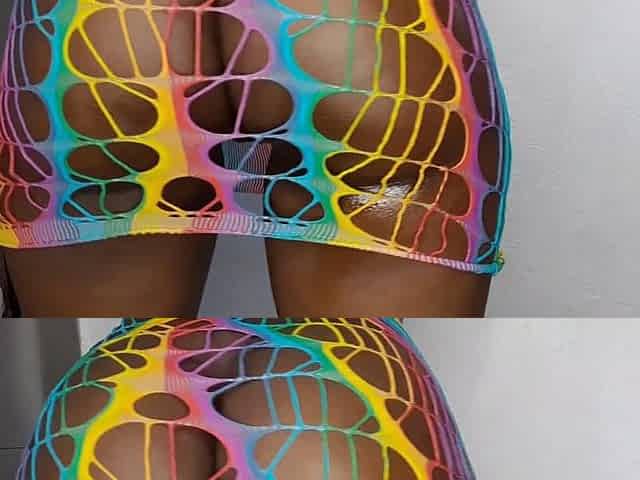 Large black mother i'd like to fuck shows bug oiled booty in rainbow underware