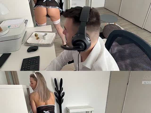 Blond Lascivious Wife Gets Screwed During Spouse's Smart Working Call and Gets Creampie