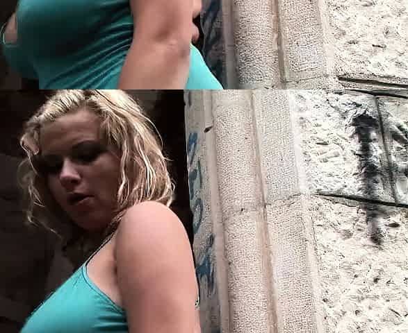 Blonde is flashing her big boobs in the outdoors