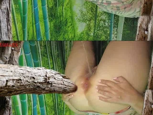 Destroyed anal floozy gets creampie and pees after wooden booty bang