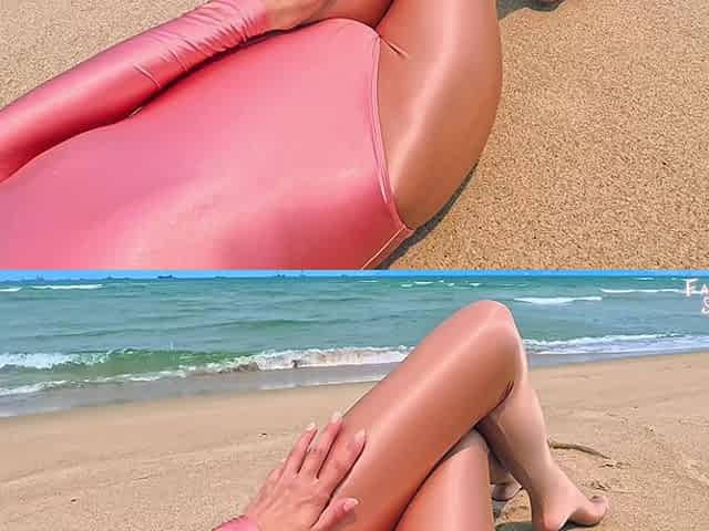 901 Shiny Gold Spandex Pantyhose and Leotard on the Beach