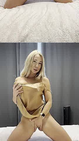 satin suit with large sex-toy and squirting