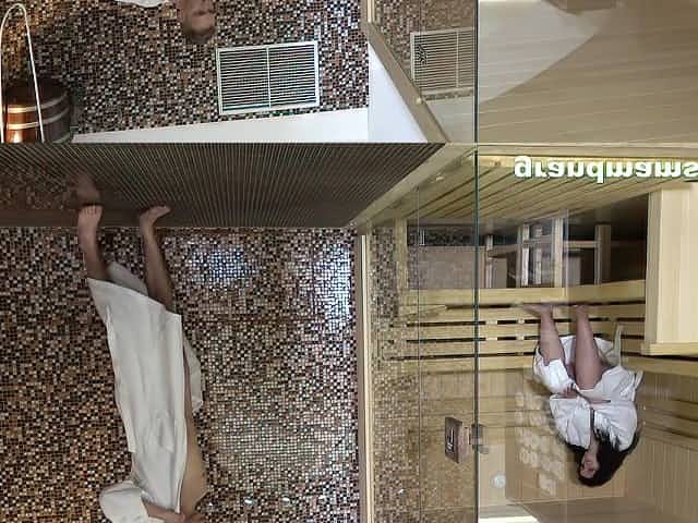 Chubby old woman is dating handsome young guy in the sauna