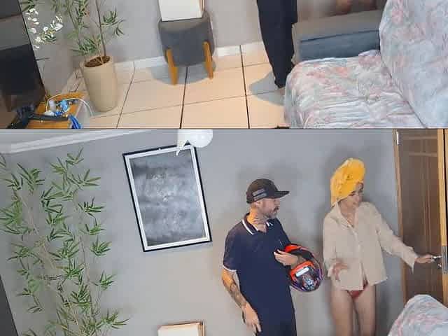 Married woman shows off to delivery stud in just her underclothing!