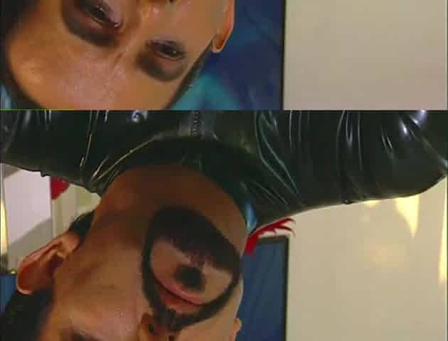 Compliant blond in latex outfit discloses her fetish and bangs masked chap