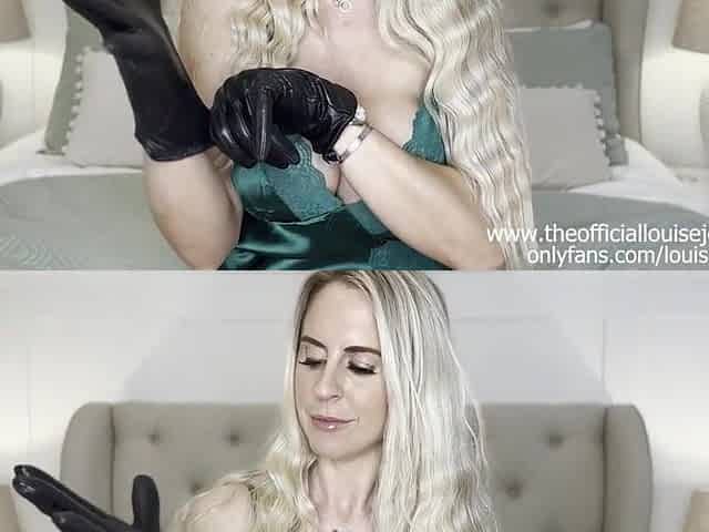 Large breasts golden-haired JOI Instructor Louise Jenson wishes to give u leather gloved tugjob to large dong