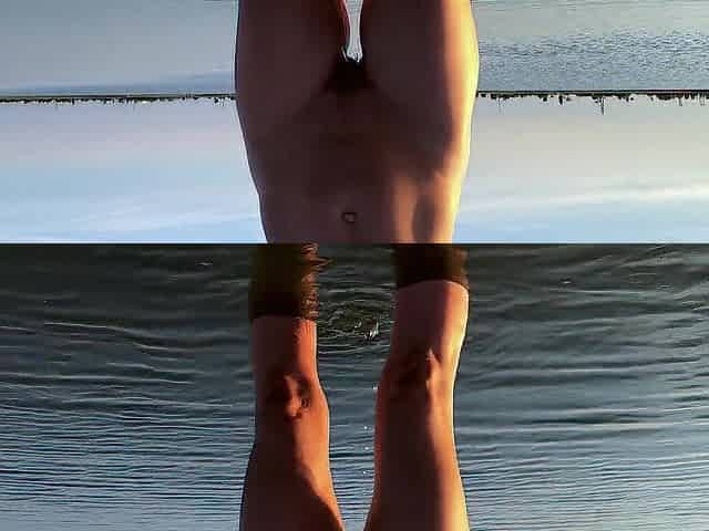 Tanned gal pees standing up on stripped beach! Rate my slow motion urinate in public