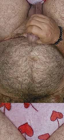 Obese unshaved bear strokes him and lets off thick load