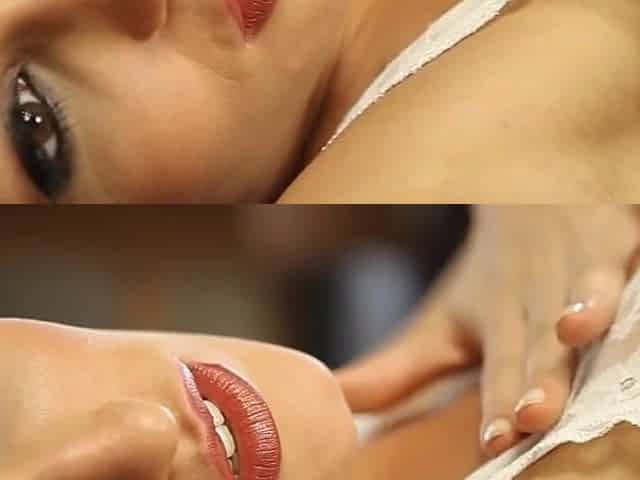 Youthful Brunette hair Ryan Keely Cums Hard with a Wahl Massager after a Carnal Striptease in White Lace