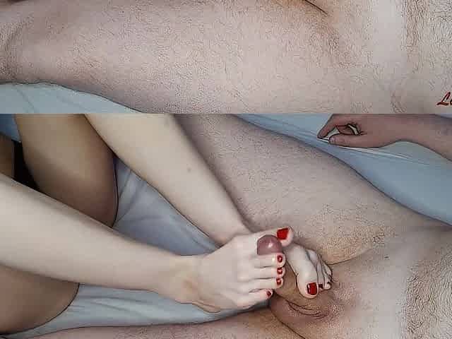 Cute hotty does footjob with her pretty feet with red toenails