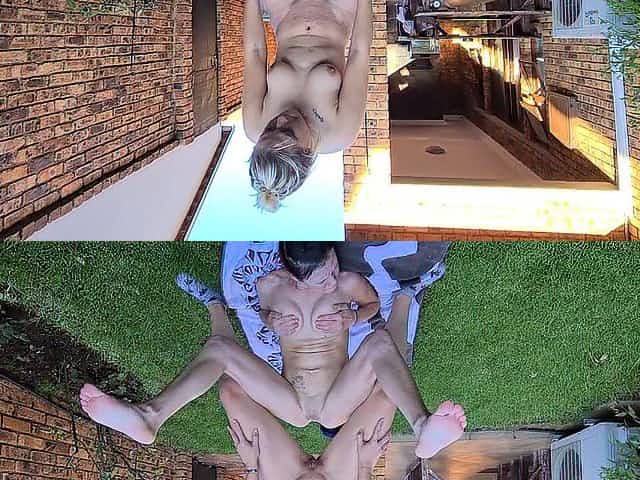 Pissing on Mia's tiny pussy while she holds her legs wide open in the air - garden sluts