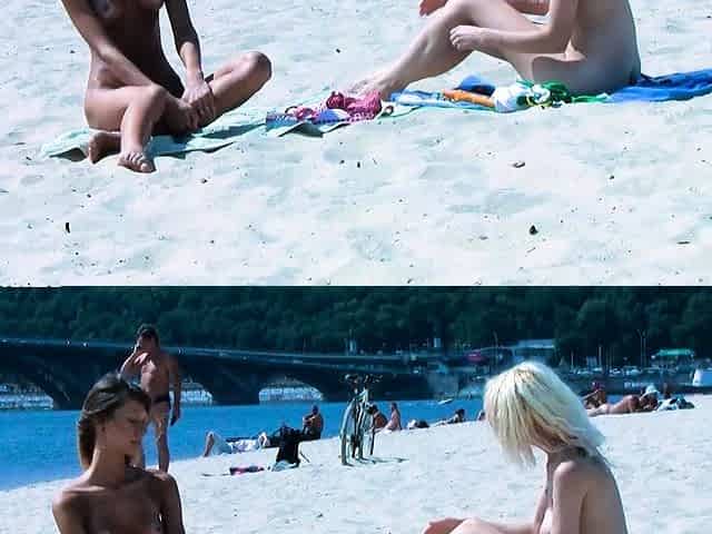 Beautiful blonde nudist sunbathe her trimmed pussy