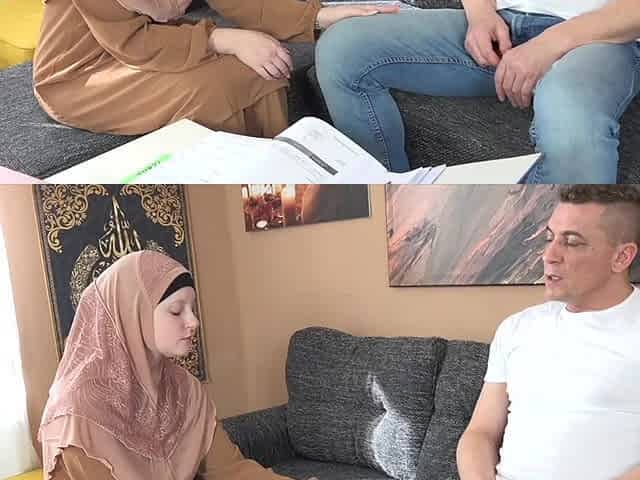 A woman in a hijab has to pay for a mistake