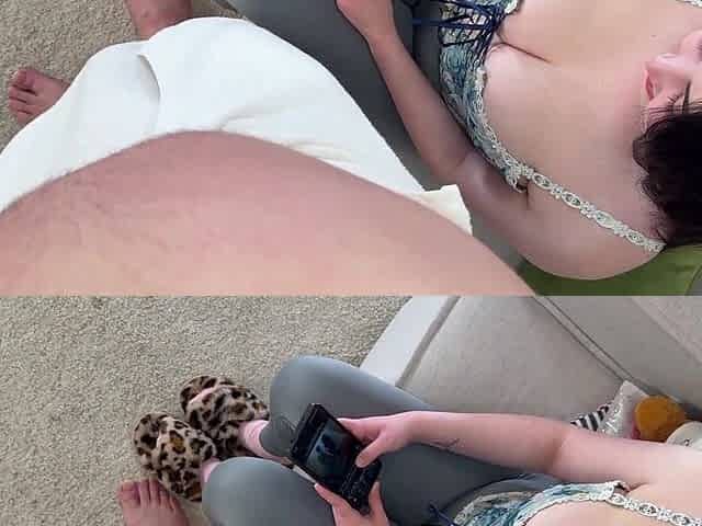Busty amateur couldn't ignore him and jerked his hard dick off