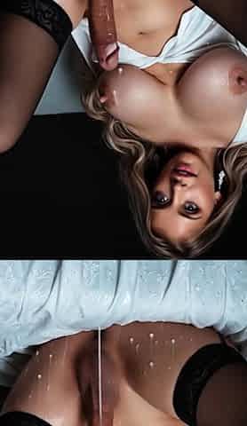 Blonde in lace stockings dildo creampies pussy on couch