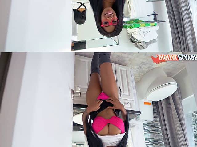 Busty ebony beauty Brittney gets her snatch plugged with a white rod