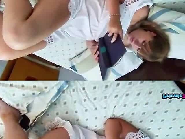 Corpulent nerdy Russian blond cutie sucks her boyfriend's wang and lets him screw her like a dog.