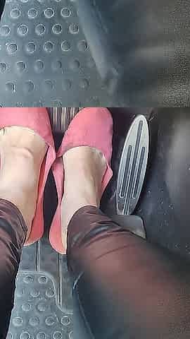 Pedal pumping wearing my ebony leather panties sporting my filthy old flats