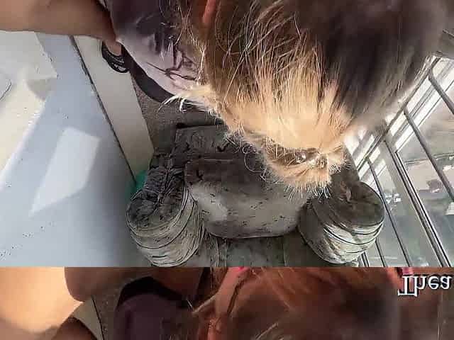 Real cute romantic sex on the balcony with cum on the booty