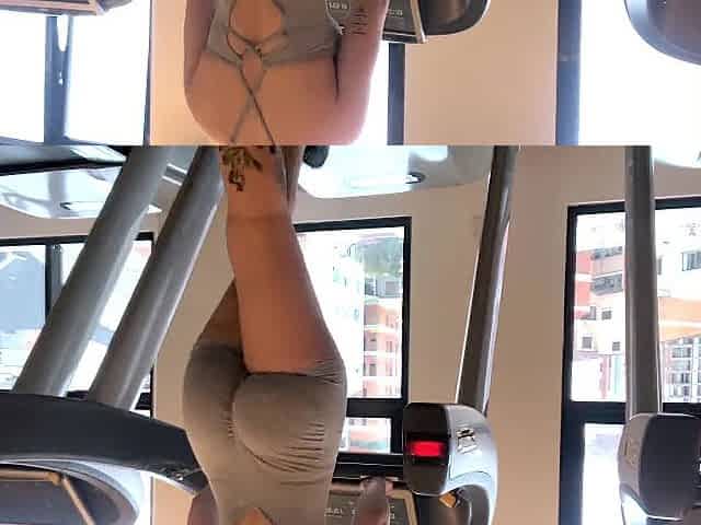 AT THE GYM: fitness beauty with a large booty running on the treadmill