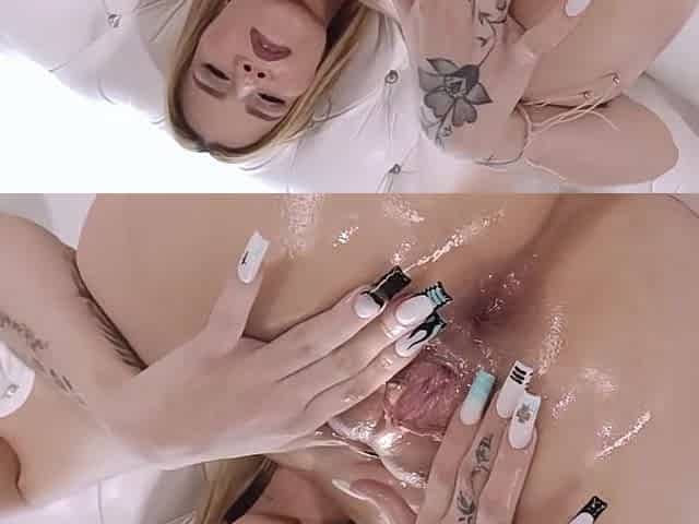 Bizarre stepsister penetrates her constricted rear with her hand.